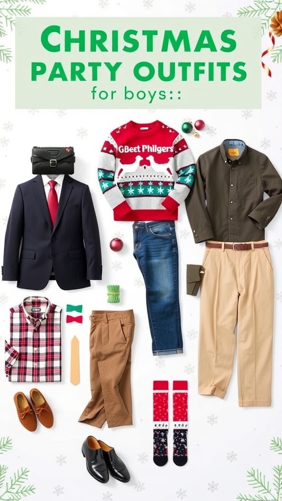 Stylish Christmas outfits for boys including suits, sweaters, and casual wear.